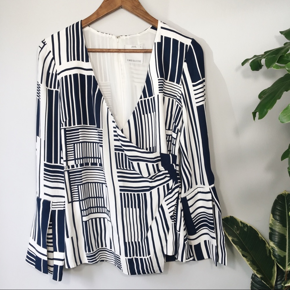C/Meo Collective V Neck Wrap Grid Print Top - Picture 1 of 8